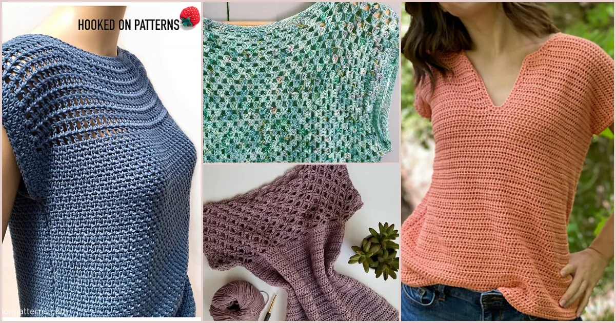 Four crochet tops showcased: a blue round-neck, a green textured, a purple lacy texture, and a coral V-neck worn by someone. A Yarn ball nestles beside the purple top, highlighting these breezy Crochet Summer Tees perfect for warm days.