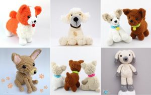 A collage of crocheted dog figures in various poses and colors, showcasing delightful crochet dog patterns featuring breeds like corgi, poodle, and others.