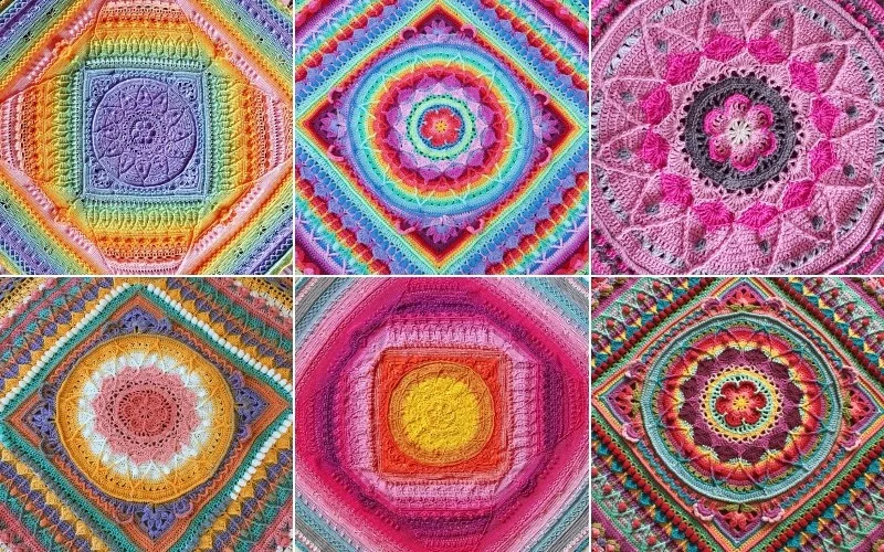 Six colorful crochet mandalas featuring intricate patterns inspired by Sophie's Universe Crochet, showcasing various geometric shapes.