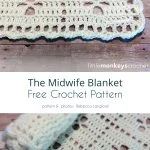 Close-up of a crocheted blanket featuring an elegant scalloped edge and geometric patterns, displayed on a wooden surface. Text reads: 