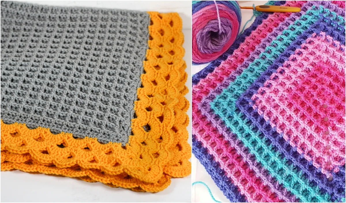 Two crochet blankets, one gray with an orange border and the other in multicolored stripes, are artfully displayed along with a crochet hook and yarn. Discover waffle blanket free patterns to create your own cozy masterpieces.