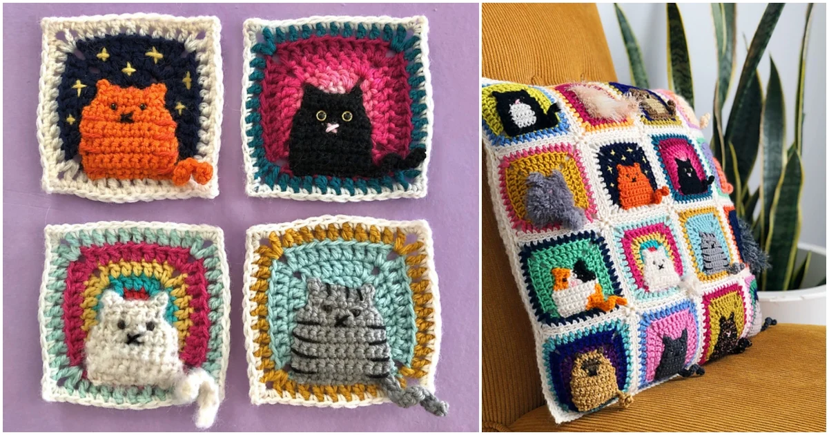 Crocheted squares with charming cat designs are displayed on the left. On the right, a pillow featuring similar crochet cat squares rests gracefully on a chair.