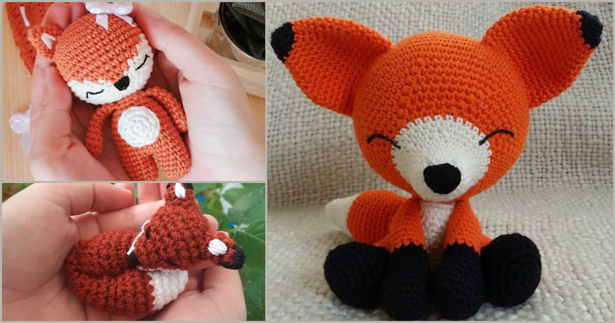 Crocheted fox toys in various sizes and poses, including a delightful sleeping fox held in a hand, showcase their vibrant orange, white, and black yarn features.