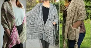 Three women don chic handmade knit cardigans, each featuring stylish pockets. The collection showcases a crochet pocket shawl pattern-inspired aesthetic with colors like pink and green, light gray, and beige.