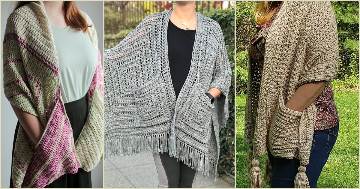 Three women don chic handmade knit cardigans, each featuring stylish pockets. The collection showcases a crochet pocket shawl pattern-inspired aesthetic with colors like pink and green, light gray, and beige.