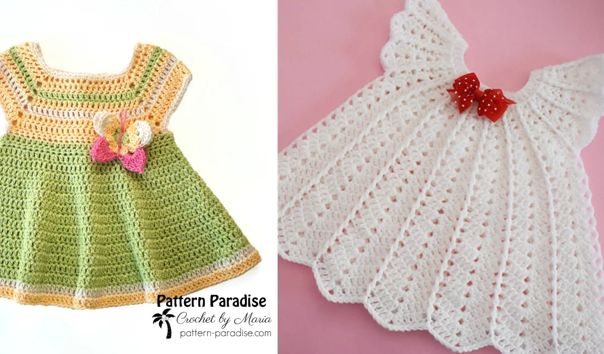 Side-by-side image of a multicolored crochet summer baby dress with bow detail and a white crochet baby dress with a red bow, set against a pink background.