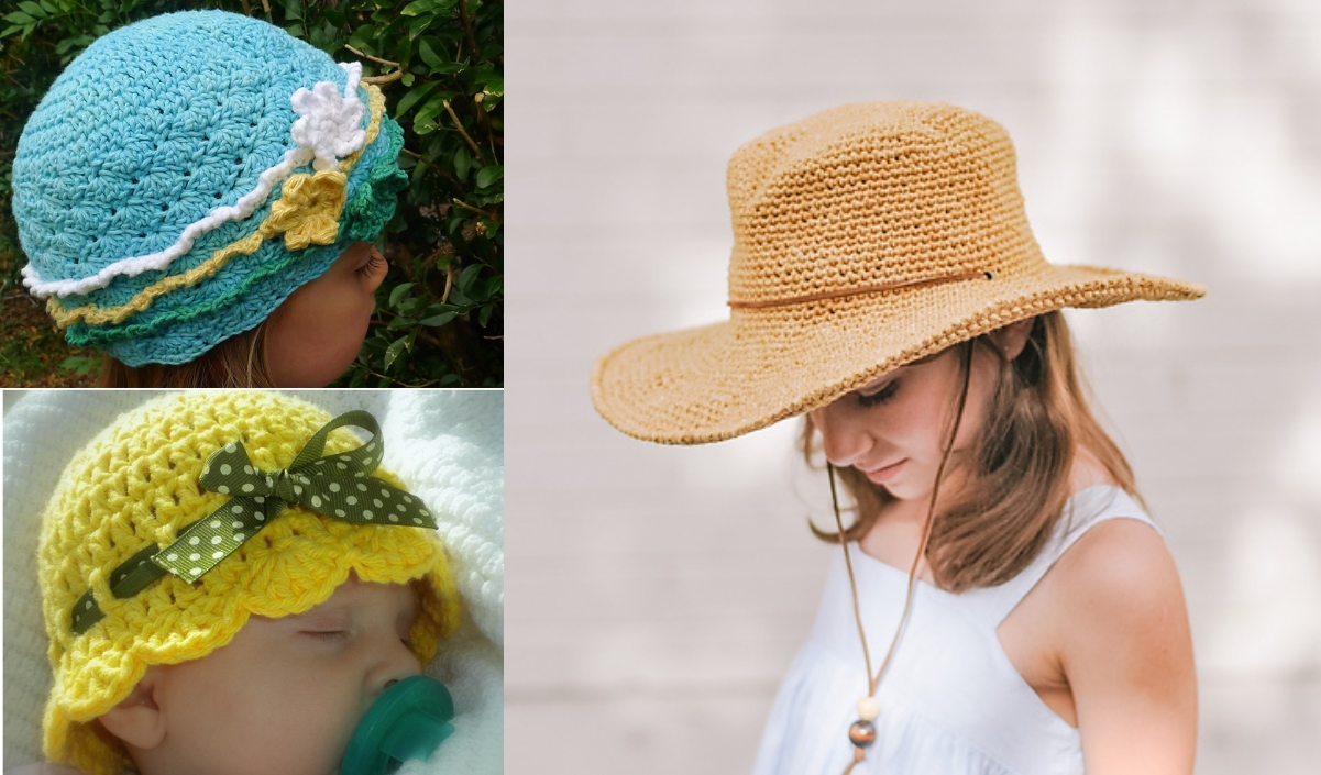 Three crochet hats: a blue hat with a flower, a yellow baby hat adorned with a green ribbon, and a woman wearing a wide-brimmed yellow crochet hat for a girl.