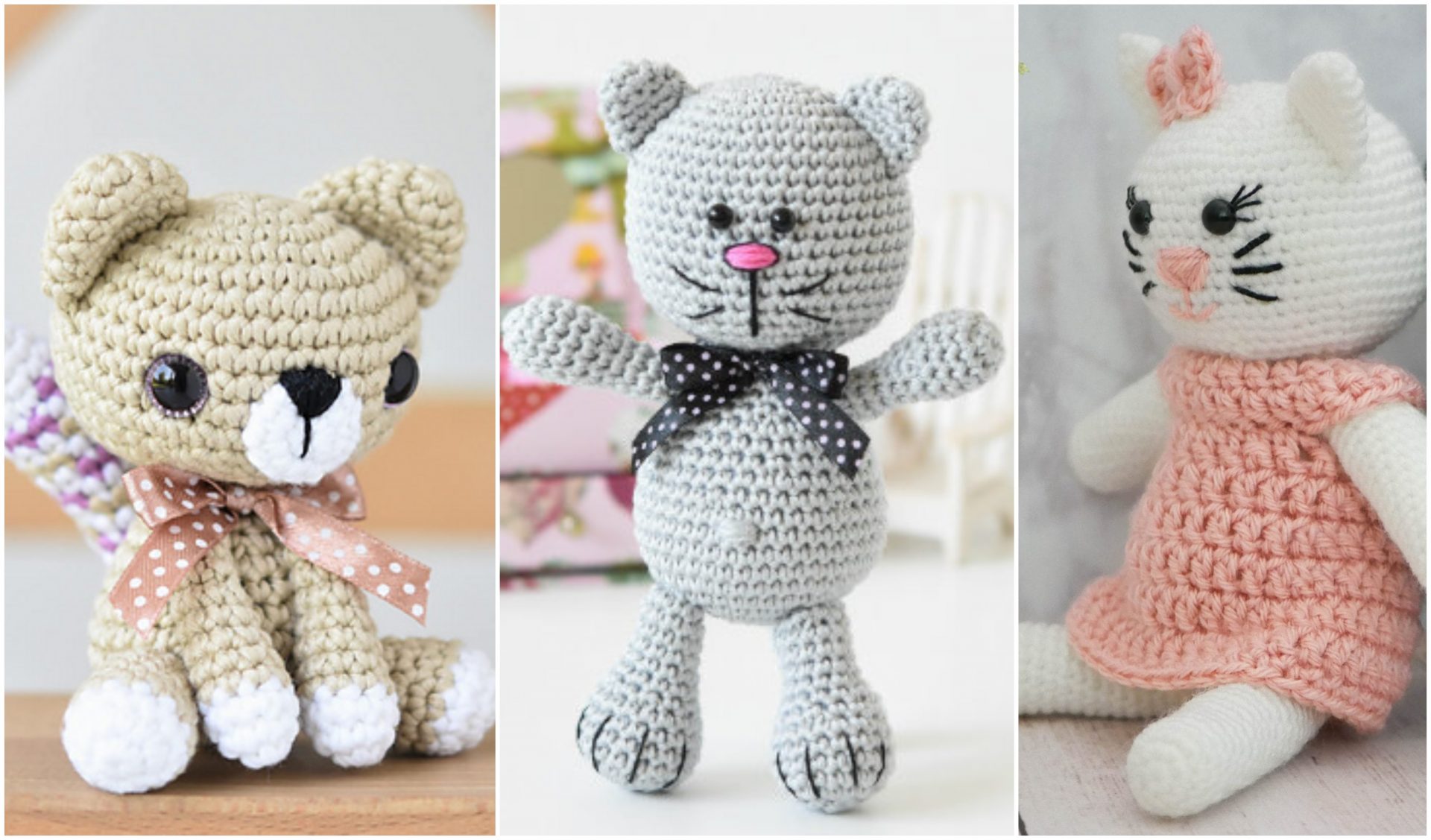 Three amigurumi animal toys: a beige bear with a polka-dot bow, a gray kitty with a black bow, and a white cat wearing a pink dress with a bow on its ear.