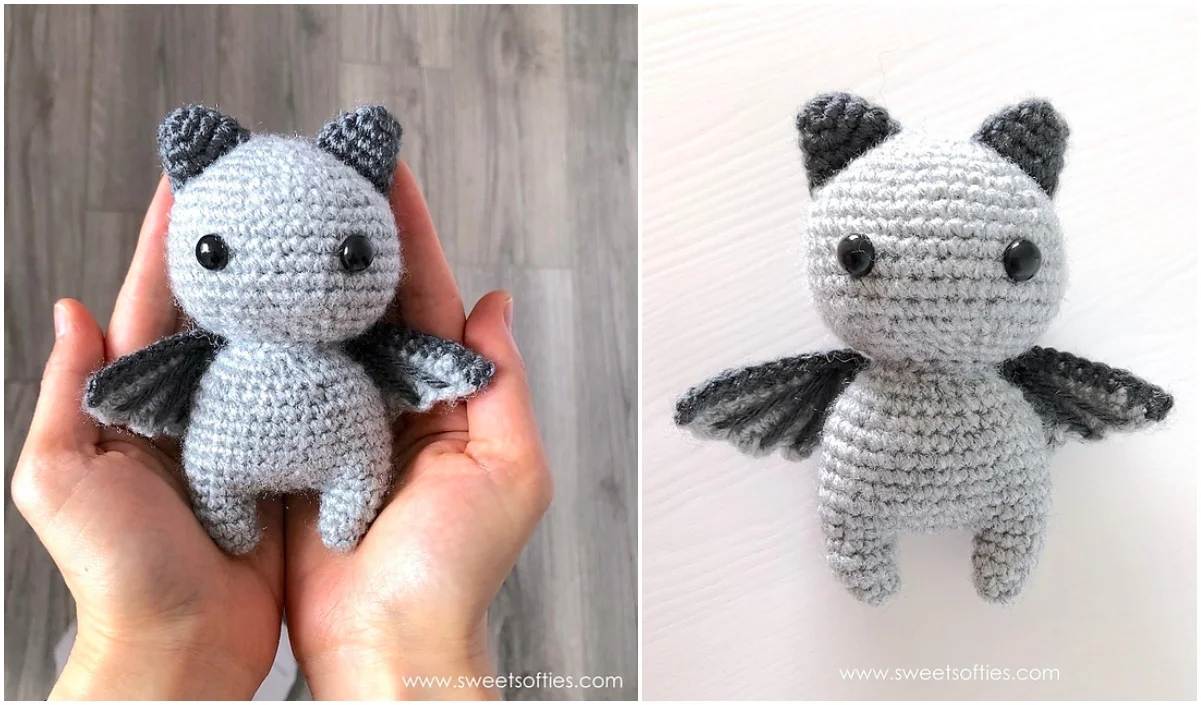 This amigurumi bat features beautifully crocheted gray yarn with dark wings and ears, showcased elegantly in hands and on a surface.