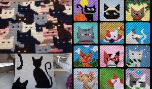 Collage of crochet cat blankets: left showcases a Catghan design with multiple cats, while the right displays 12 squares featuring individual cat patterns.