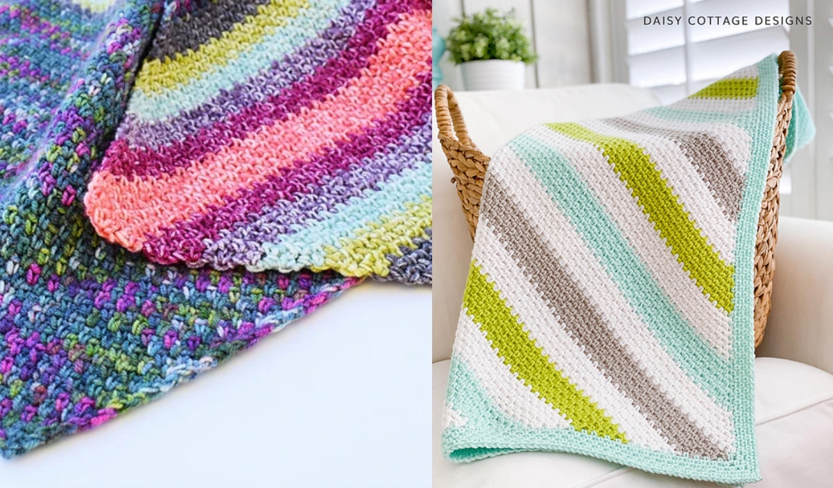 Two colorful crocheted blankets brighten up the room: a C2C moss stitch blanket with multicolored stripes cozying up the chair, while another in pastel shades is elegantly draped over a basket.