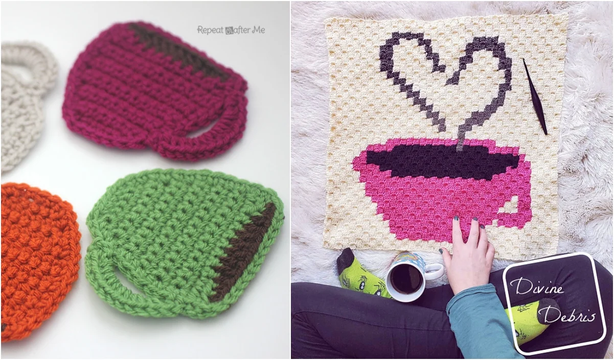 Crochet items: three cup-shaped coasters in green, pink, and orange on the left. On the right, a crocheted square with a pink and black steaming cup design sets the perfect "Coffee Time" vibe next to a person holding a crochet swatch.