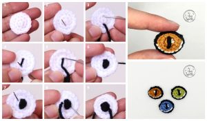 Step-by-step crochet tutorial showing the creation of cat eyes, featuring a touch of crochet leaf design with white, black, orange, and green yarn. Nine steps with close-up views and finished products in the bottom right.
