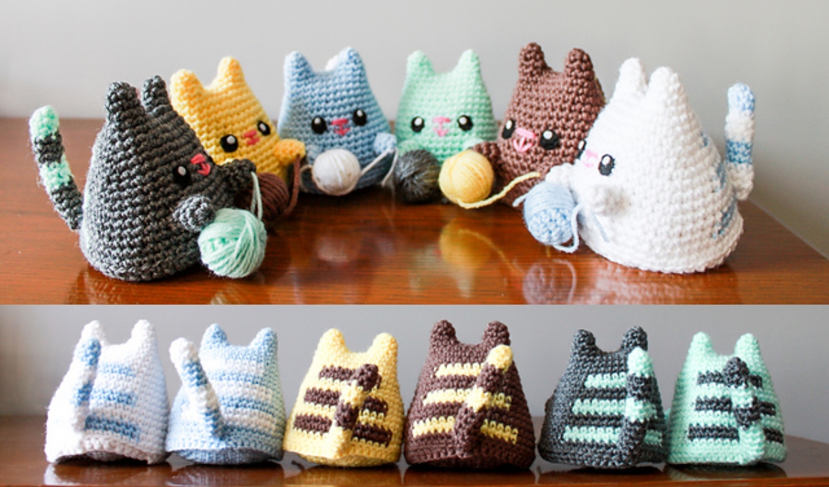 A row of The Best Crochet Kitty figures sits neatly, each holding a vibrant yarn ball. Turn to the back, and you'll find another lineup showcasing their adorable striped tails.