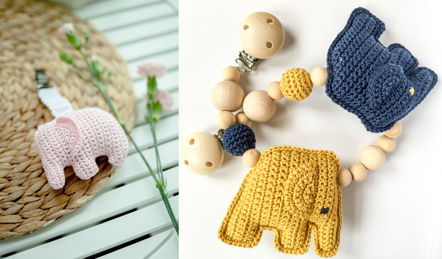 Crocheted pink, yellow, and blue elephant pacifier clips with wooden beads rest on a woven surface and white background. These charming accessories match perfectly with a baby elephant softie for a delightful nursery touch.