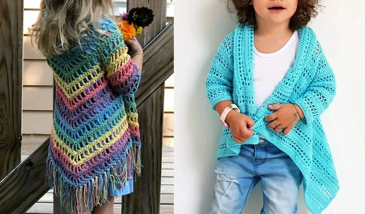 Two kids in vibrant crochet cardigans: one sports a rainbow-striped design with playful fringes, while the other rocks a solid turquoise kids cardi paired with jeans.