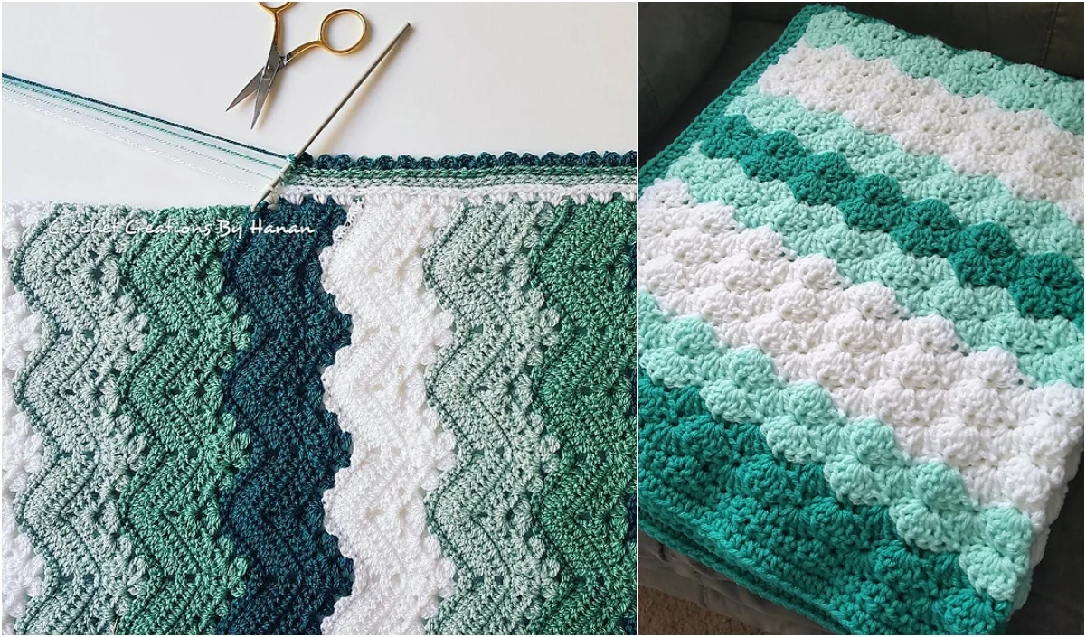 A crochet project is in progress on the left, showcasing blue, green, and white zigzag patterns, while a completed blanket featuring textured stripes and a delicate crochet rosette lies on the right. Scissors and yarn complete the cozy scene.