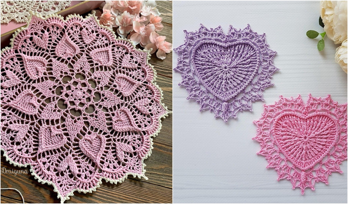 Two crochet doilies: one pink and round with heart patterns, and two heart-shaped doilies in purple and pink, elegantly displayed on a wooden surface with flowers nearby. Perfect companions to your C2C Moss Stitch Blanket, adding charm to any room.