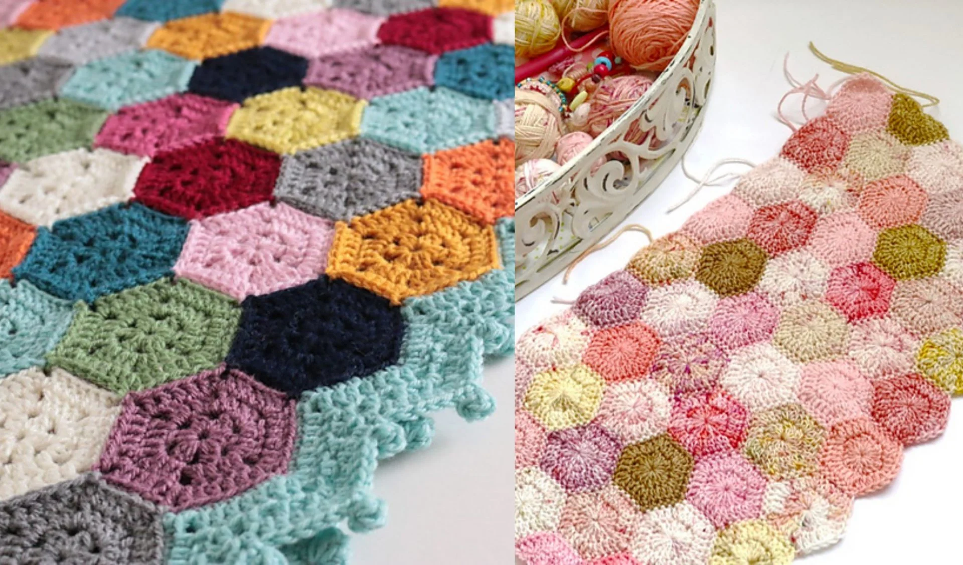 Two crochet projects featuring colorful hexagonal patterns. On the left, a vibrant hexagon blanket dazzles, while on the right, pastel shades adorn another cozy creation, accompanied by yarn skeins nestled in a decorative basket.