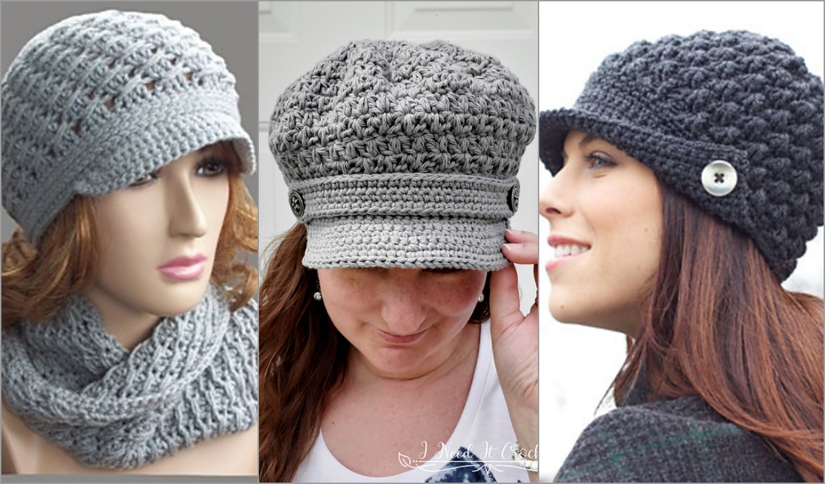 Three images of women wearing crochet hats: one styled as a chic newsboy hat with a matching scarf, one adjusting her hat, and one with a button detail on the side. All hats are textured with different shades of gray.