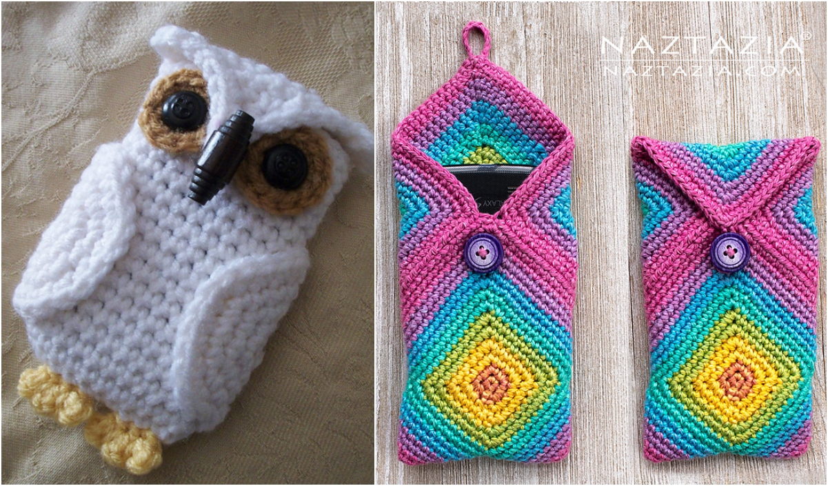 Discover the perfect blend of charm and function with our crocheted owl phone case, alongside two vibrant crochet phone pouches featuring secure button closures.