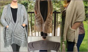 Collage of five images showcasing people wearing various knitted cardigans and pocket shawls in shades of gray and beige, adorned with tassels and pocket details.