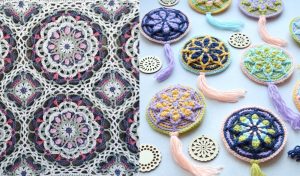 A crochet rosette graces the left with intricate circular patterns, while on the right, colorful crocheted coasters boast tassels and wooden cutouts.