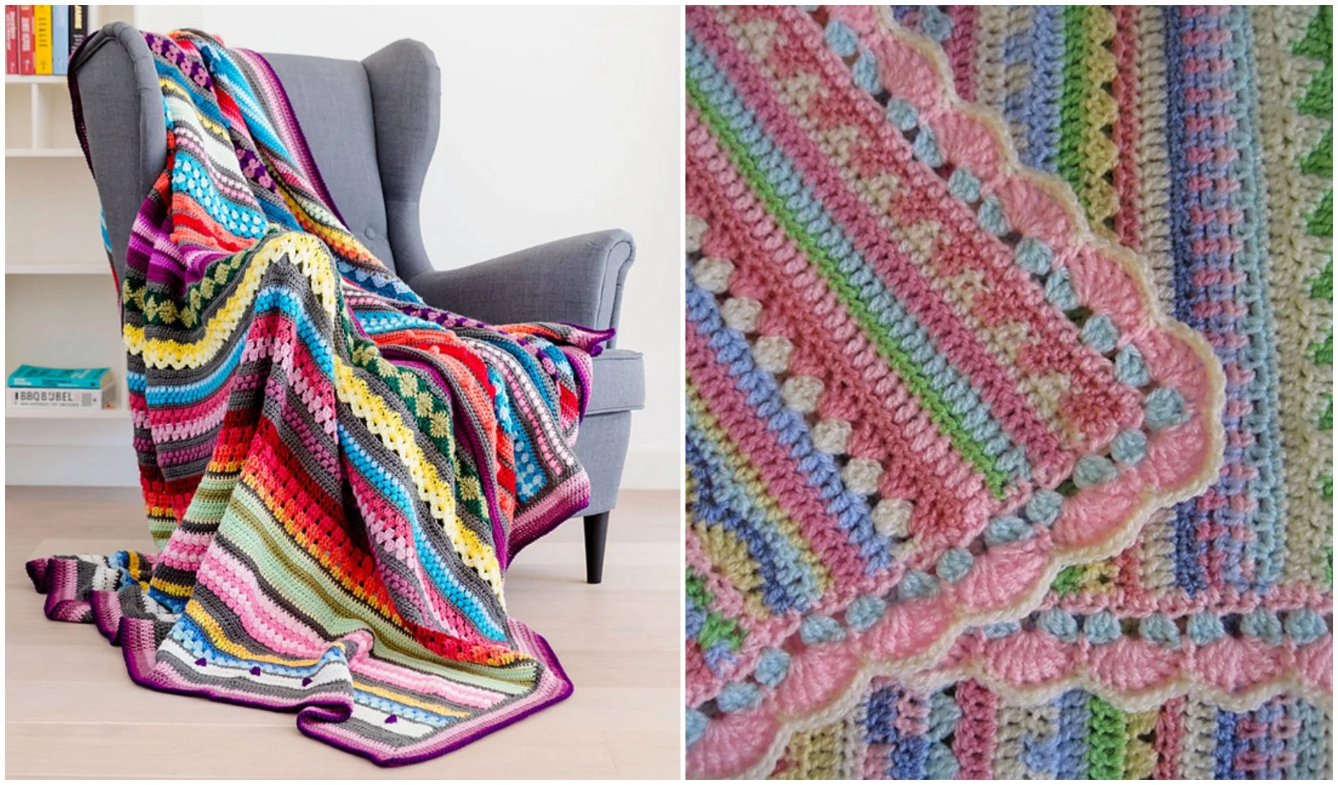 A vibrant striped crocheted blanket draped over a gray armchair is shown on the left. A close-up of the blanket's intricate patterns and textures is depicted on the right.