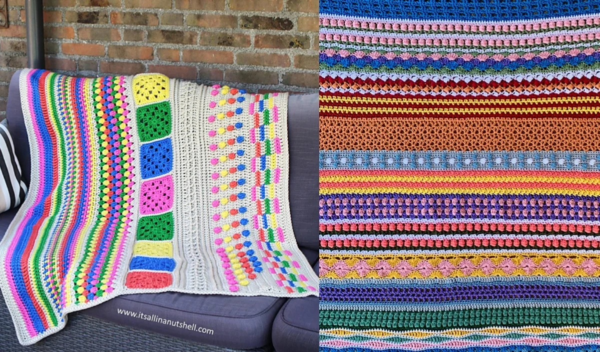 A colorful crocheted blanket featuring various geometric patterns is elegantly draped over a couch, with a close-up view revealing its intricate details. This piece invites you to learn how to crochet similar vibrant designs yourself.