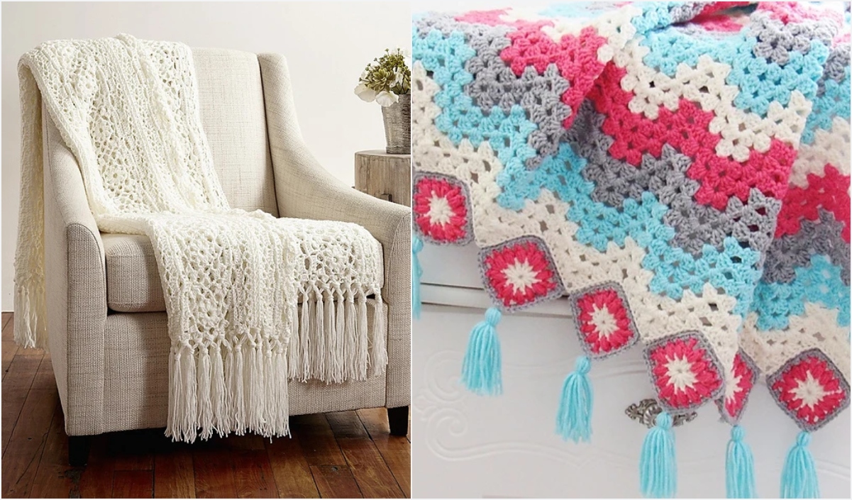 A white armchair with a cream crocheted blanket draped over it on the left. On the right, a vibrant summer blanket showcasing colorful crochet squares in pink, blue, and gray, complete with charming tassels.