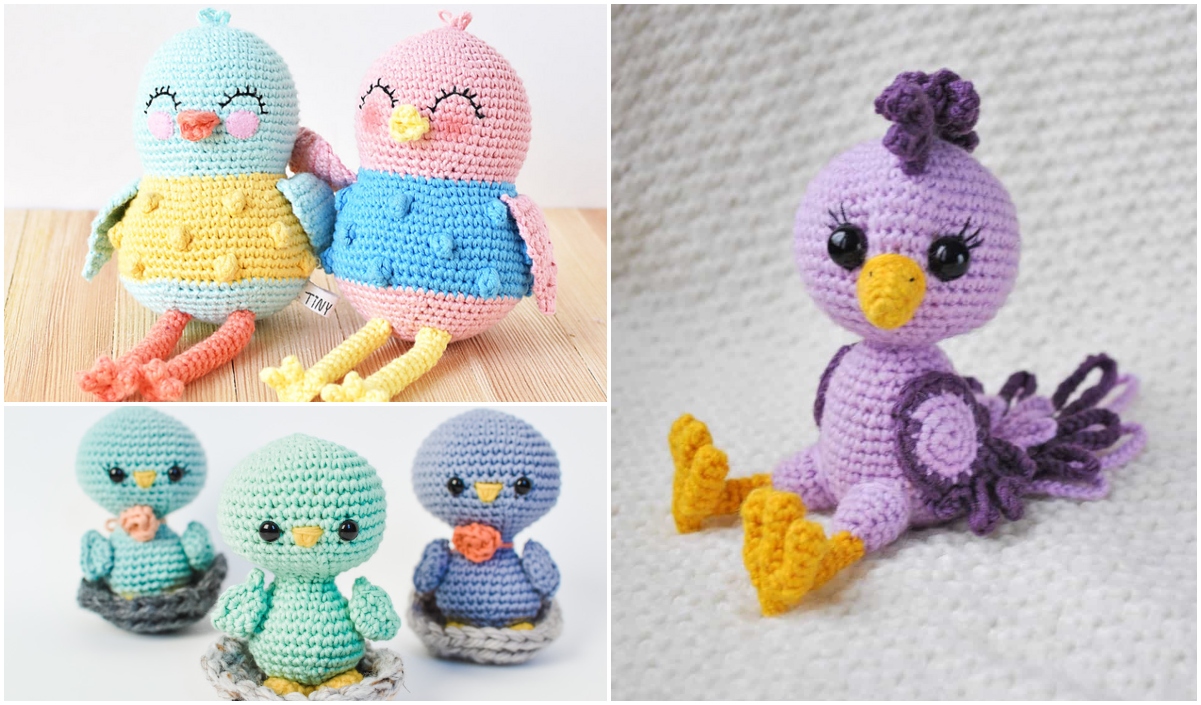 Crocheted bird amigurumi in various colors are displayed. Two feature pastel shades, while others include a purple one with a curly tail and three small birds in a separate image.