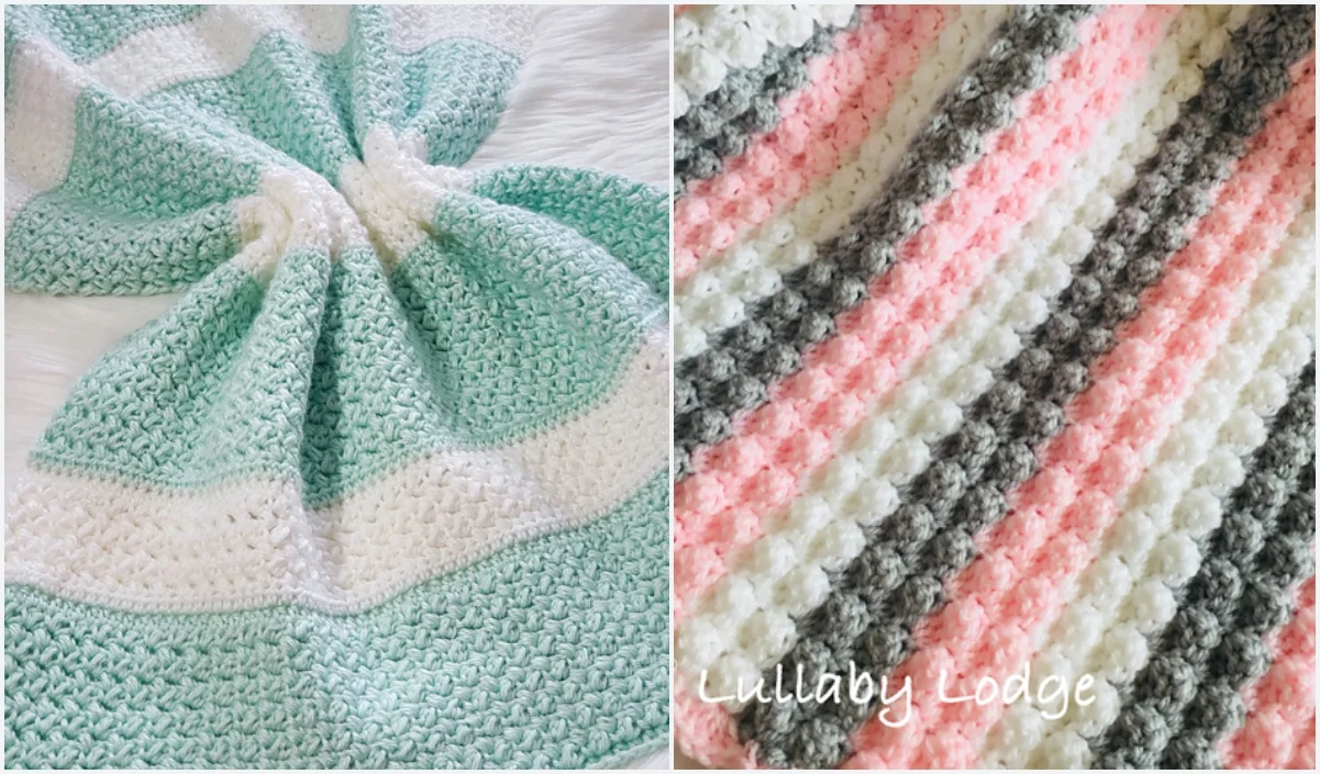 Two crochet baby blankets: one in mint green and white, and the other featuring pink, gray, and white stripes.