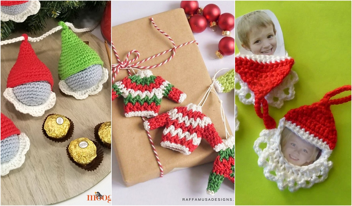 Explore three delightful images of easy X-mas crochet decorations: charming gnome ornaments, cozy miniature sweaters, and festive photo ornaments crafted from classic red and white yarn.