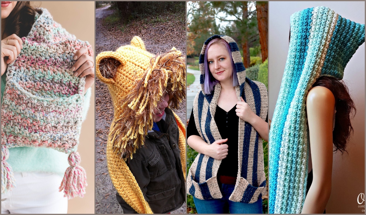 Collage of four people wearing unique crochet garments, featuring a multicolored hoodie, lion-themed hoodie, striped vest with hood, and a stylish long pocket hooded scarf.