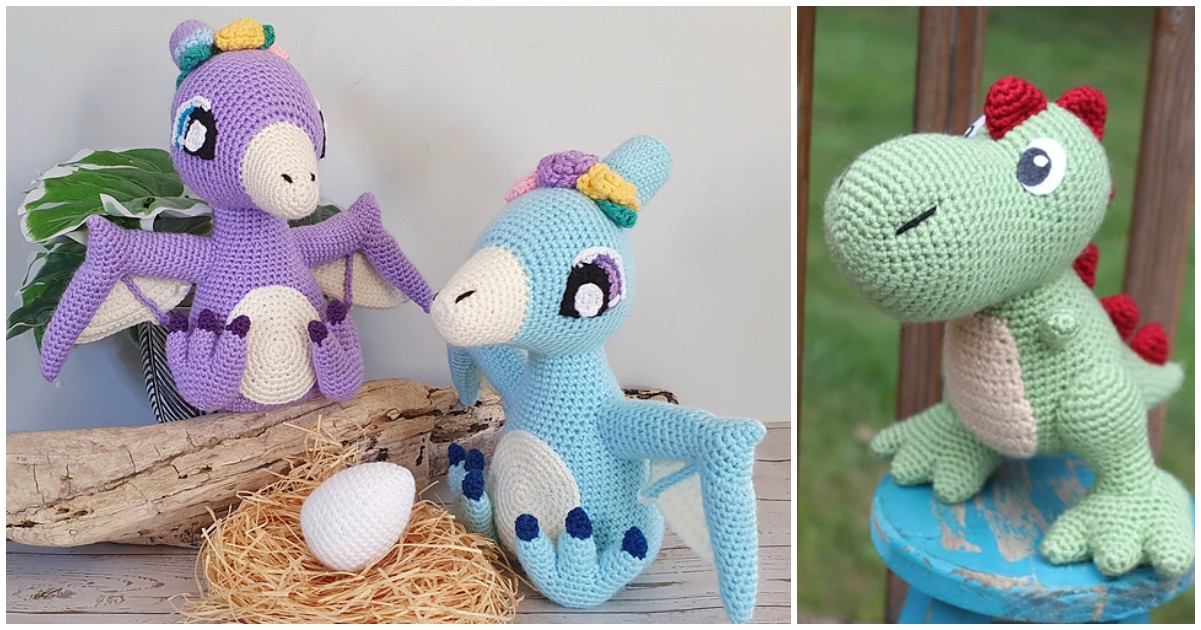 Crocheted plush toys: two pastel-colored dragons with flowers on their heads and a white egg on the left, and a crochet dino featuring vibrant green hues with striking red scales on the right.