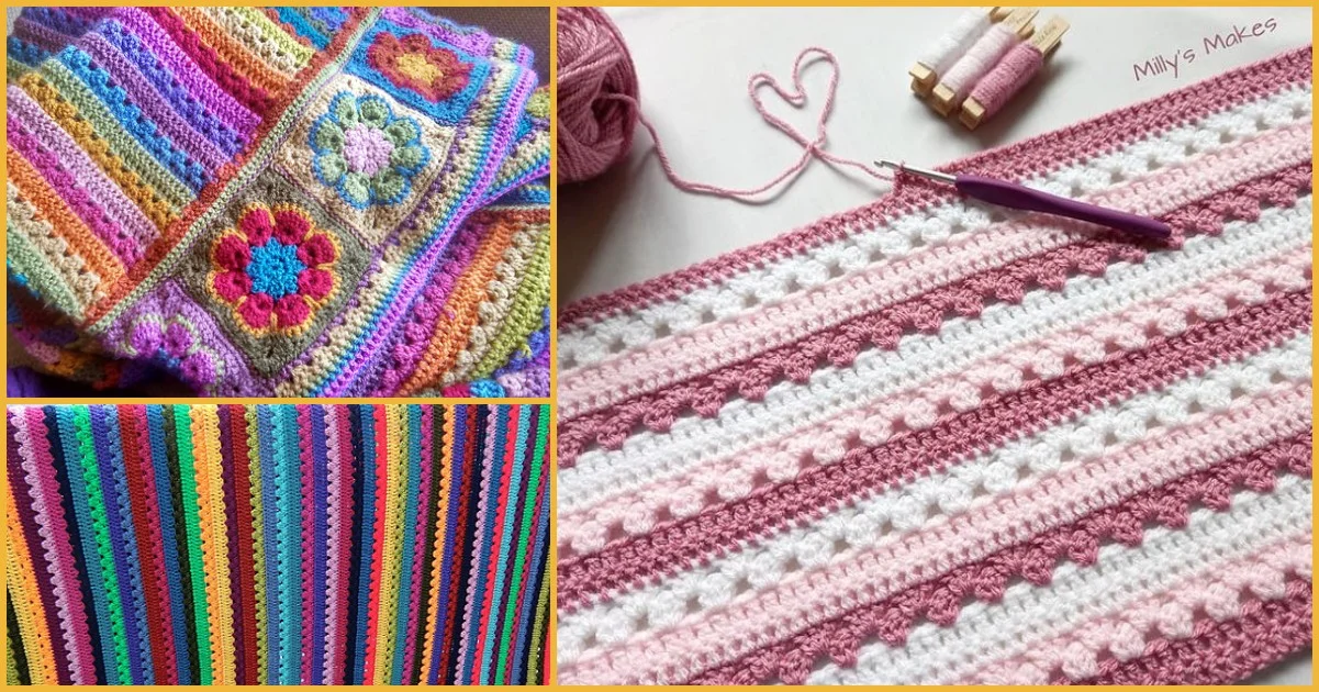 A collage of colorful crochet blankets and squares, featuring a stripe blanket pattern. There's a close-up of a pink and white design with yarn and hook beside it, exuding creativity.