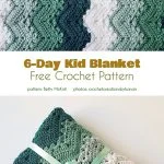Crochet pattern for a 6-day kid blanket featuring a green, teal, and white zigzag design with a lovely crochet rosette detail. Includes scissors and the folded blanket tied neatly with a green ribbon.