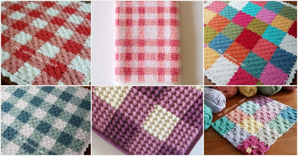 Collage of six crocheted blankets in various checkered and textured patterns, featuring a range of colors including red, pink, and blue. Among them is a charming gingham blanket adding a touch of classic style to the vibrant multicolored designs.