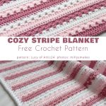 A partially completed crochet blanket with pink and white stripes, yarns, and a crochet hook beside it. Text reads 