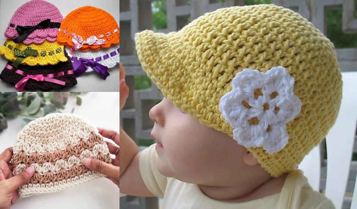 A baby wearing a yellow crochet baby hat adorned with a white flower. The scene includes colorful crocheted hats, some featuring ribbons and lace.