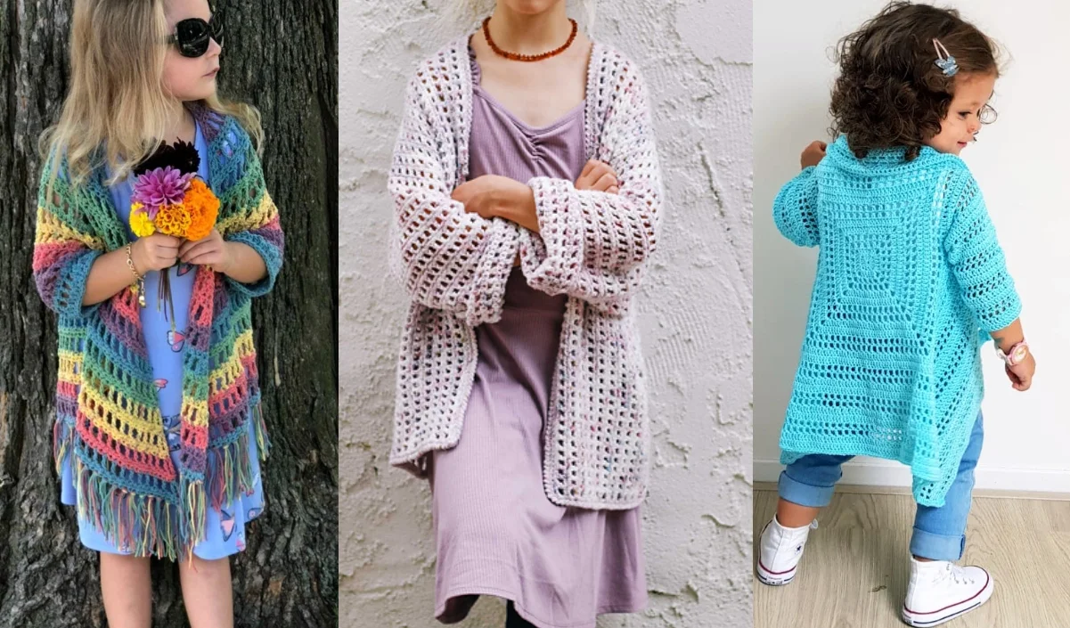 Three children in charming crochet cardigans: one flaunts a multicolored design with flowers, another pairs a white cardigan over a purple dress, and the third shows off a blue cardigan from behind, complete with sneakers.