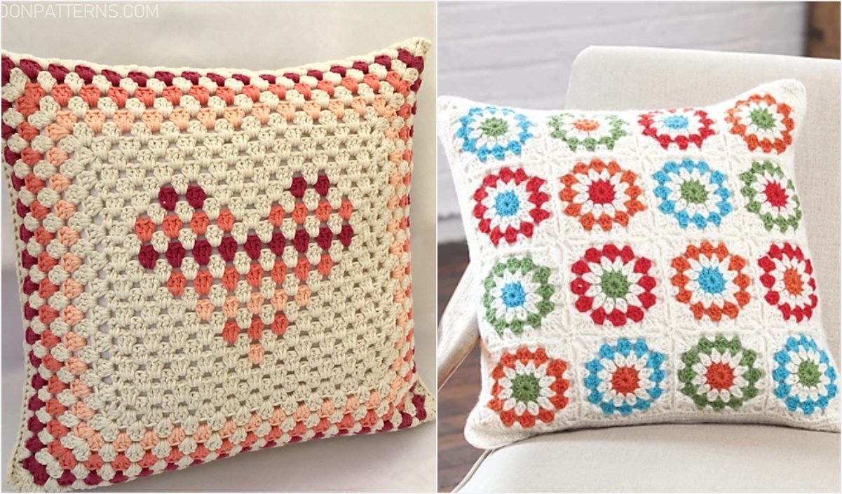 Two crochet pillows cozy up a chair. The left pillow, a Granny Cushion, boasts a heart pattern in red and pink, while the right showcases vibrant geometric designs.