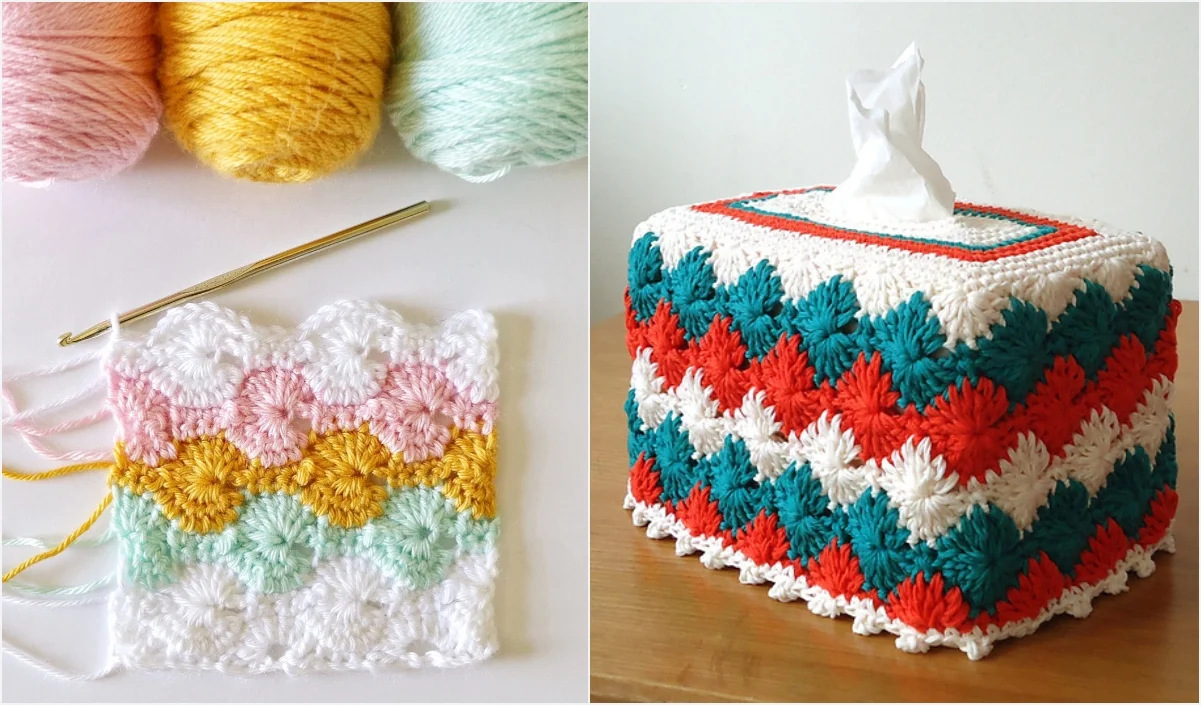 A pastel crochet project featuring the intricate Catherine Wheel stitch is on the left, accompanied by yarn balls and a hook. On the right, a vibrant tissue box cover boasts a striking red, teal, and white pattern.