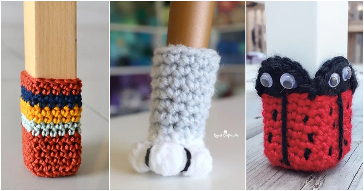 Three chair legs adorned with vibrant crochet covers: one striped, one resembling a cat paw using a free crochet pattern, and another styled as a ladybug complete with googly eyes.