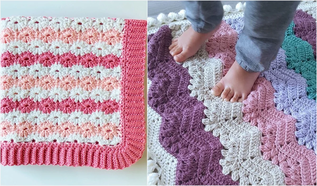 Colorful crocheted ripple blankets featuring striped and wavy patterns; one shows a close-up of the design, and another shows feet standing on it.