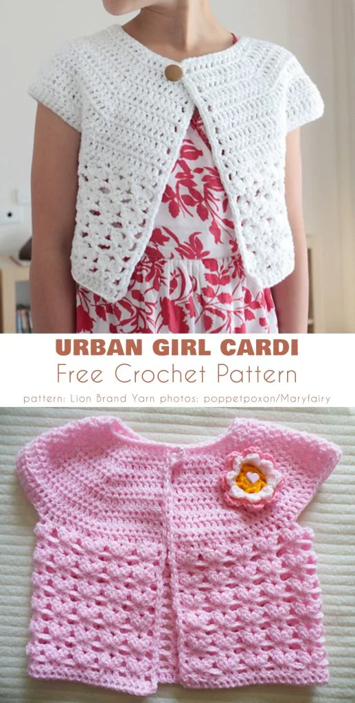 Two crocheted child cardigans are shown: a white, short-sleeve cardigan with a button, and a pink, short-sleeve child cardigan crochet design with a flower embellishment.