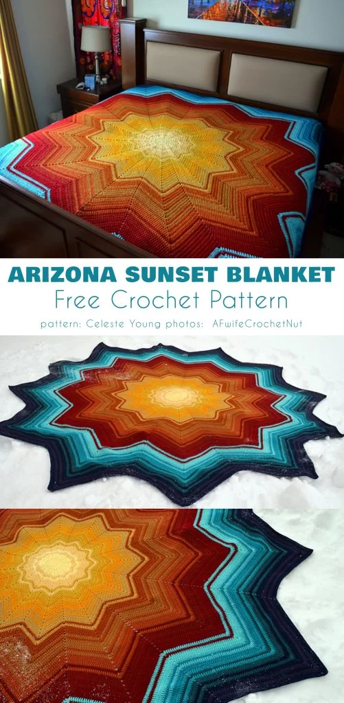 A stunning star shaped blanket in sunset colors is displayed on a bed and flat surfaces; text reads "Arizona Sunset Blanket Free Crochet Pattern.
