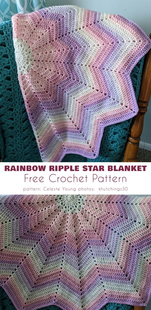 A pink, purple, and white star-shaped crocheted blanket draped over a teal chair, shown in detail with text about a free crochet pattern for this stunning star shaped blanket.