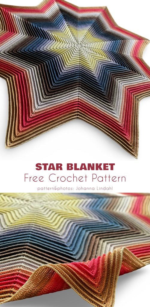 A multicolored, star shaped blanket with layered stripes in various shades, displayed flat and with a close-up of its edge below. Text reads "Star Blanket Free Crochet Pattern.