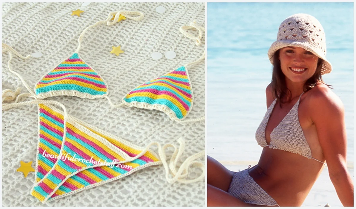 A colorful crochet bikini set is artfully displayed on a textured surface, next to an image of a woman wearing a stunning beige crochet bikini with a matching hat, soaking up the sun on a beach.